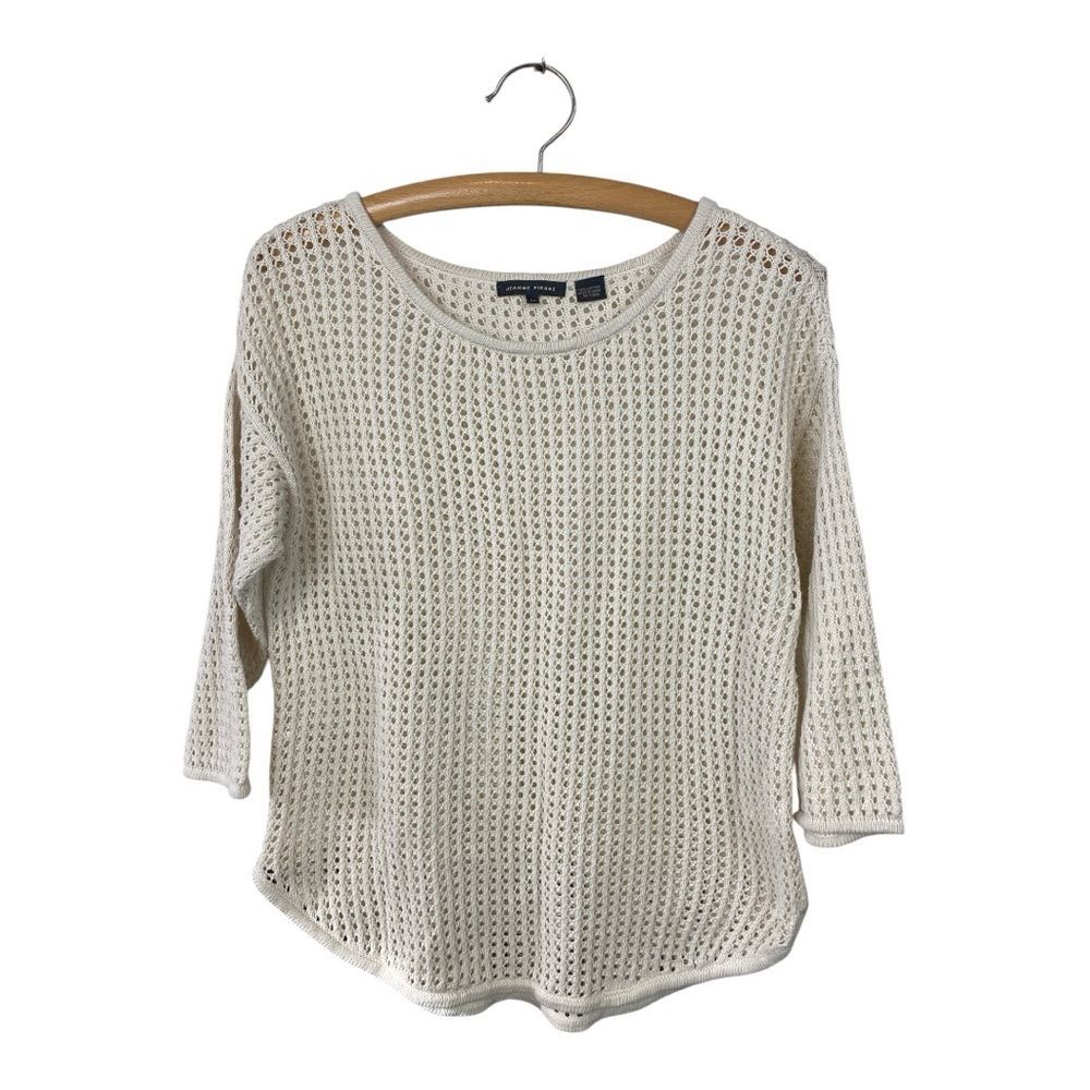 Jeanne Pierre 100% Cotton Scoop Neck Ivory Knit Sweater Crochet Beach Vacation